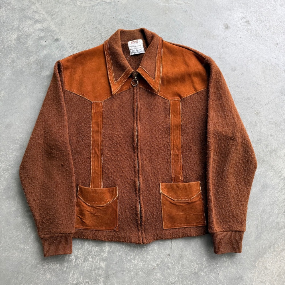 Vintage 70s Montgomery Ward Western Knit Jacket Rust Brown Orlon Acrylic Large